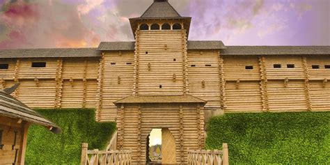 a large wooden building with a clock on it's side next to a fence