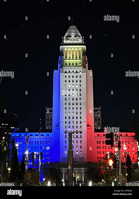 LOS ANGELES, CA, OCT 2021: close view of City Hall in Downtown at night ...