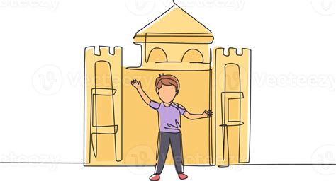 Continuous one line drawing cheerful boy playing in castle made of cardboard boxes. Happy little ...