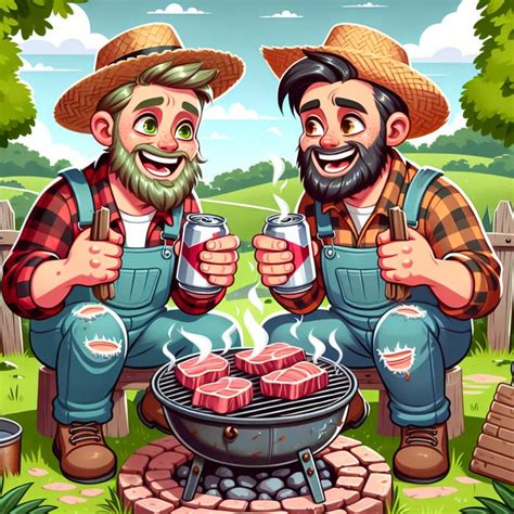 Cartoon Hillbillies Enjoying BBQ and Beer in Countryside | AI Art Generator | Easy-Peasy.AI