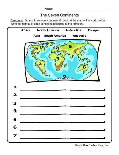 7 Continents Map Worksheet