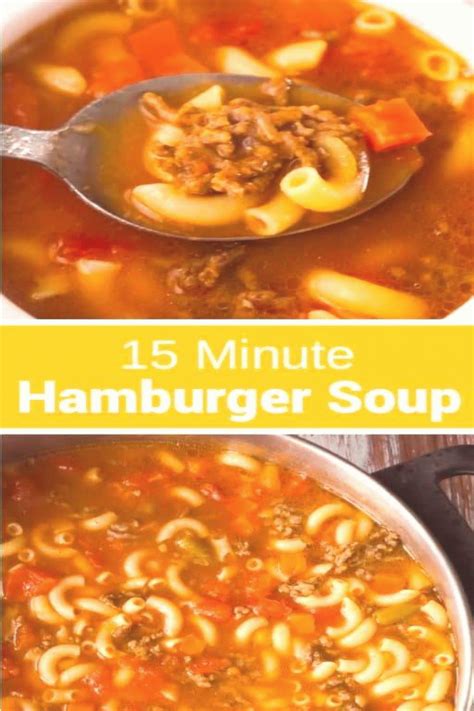 Easy Hamburger Soup with Macaroni is a hearty soup recipe that takes just fifteen minutes from ...