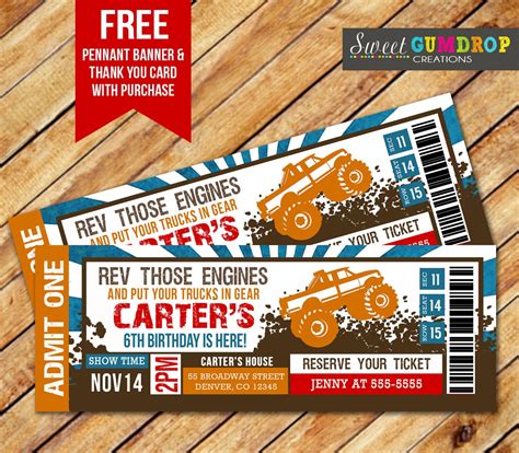 Monster Truck Ticket Invitation Printable FREE pennant