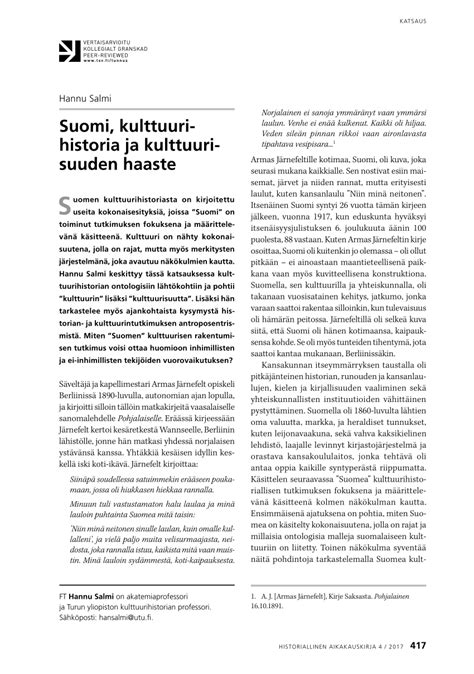 (PDF) Suomi, kulttuurihistoria ja kulttuurisuuden haaste (Finland, cultural history and the ...