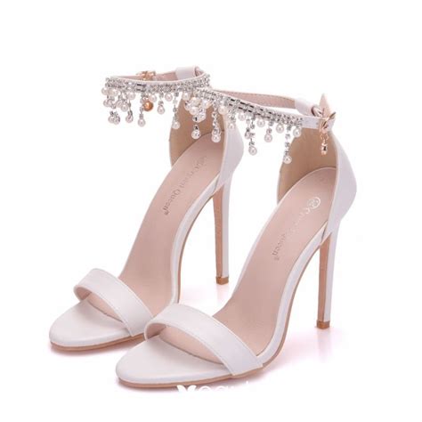 Sexy White Wedding Shoes 2018 Pearl Rhinestone Tassel Ankle Strap 11 cm ...