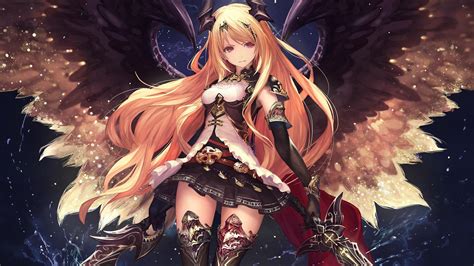 Wallpaper : illustration, long hair, anime girls, wings, angel, horns, skirt, red eyes, sword ...