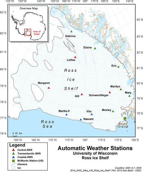 A map of the Ross Ice Shelf shows the locations of the AWS sites used ...