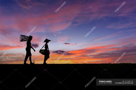 Silhouette image of people at sunset. — nature, woman - Stock Photo | #212700170