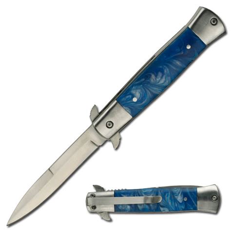 Stiletto Style Spring Assisted Knife W/ Blue Pearl Handle-YC