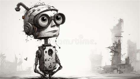 Ink Art of a Cute Little Robot with Big Eyes Standing in a Dangerous ...