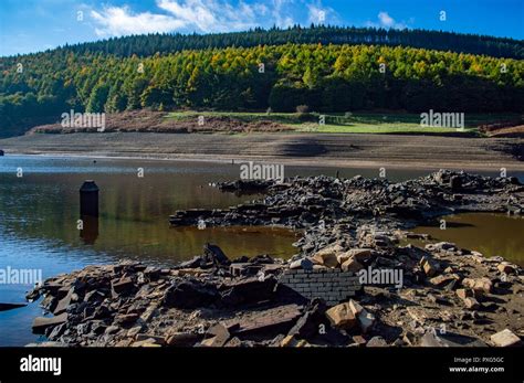 The ruins of Derwent village exposed due to low water levels in Derwent Valley in the Peak ...