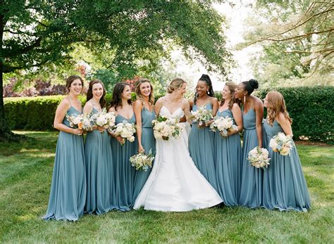 Long, Dusty Blue Bridesmaids Dresses at Wedding in Charlottesville, Virginia