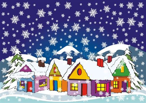 Winter village drawing stock illustration. Illustration of season ...