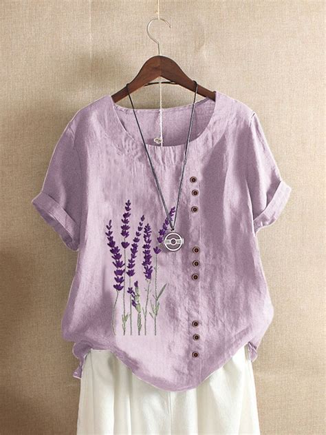 Lavender Flower Embroidered Short Sleeve T-shirt For Women in 2020 | T shirts for women, Clothes ...