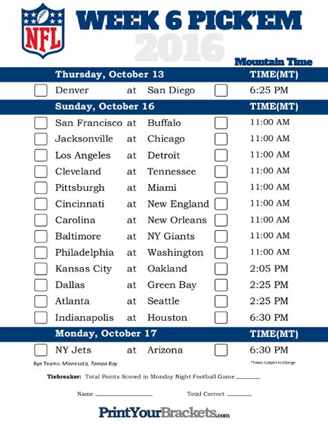 Printable Nfl Week 6 Schedule