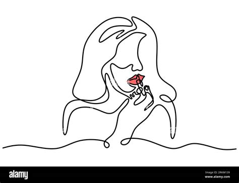 Continuous single line drawing of long haired woman using red lipstick on her lips. Woman make ...