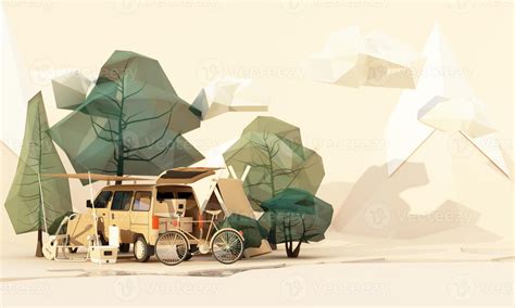 low poly cartoon part Mobile homes and tents In the national park ...