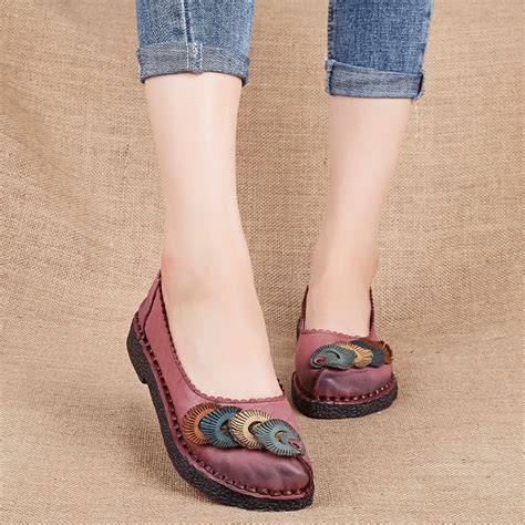 Genuine Leather Flat Shoes Plus Size Real Leather Handmade Flats Loafers Female Solid ...