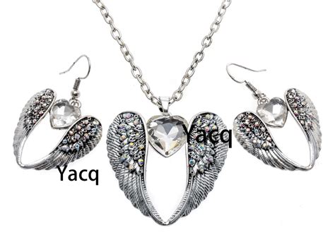 Aliexpress.com : Buy YACQ Guardian Angel Wing Heart Necklace Earrings Sets Antique Silver Color ...
