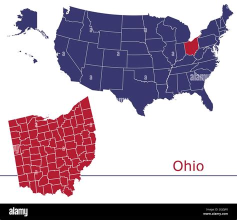 Ohio counties vector map outline with USA map colors national flag ...