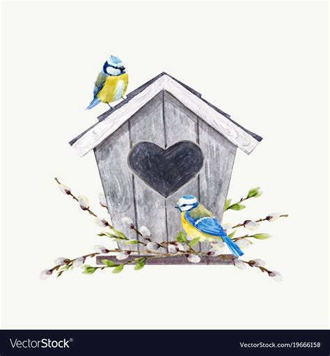 Watercolor birdhouse with birds vector image on | Птицы, Композиция