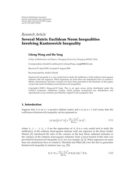 (PDF) Several Matrix Euclidean Norm Inequalities Involving Kantorovich Inequality