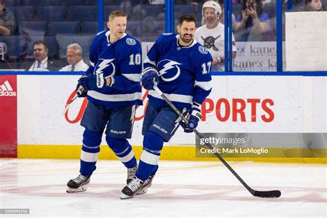 Corey Perry and Alex Killorn of the Tampa Bay Lightning before the ...