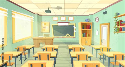 Vector cartoon background with empty classroom, interior inside. Back to school concept ...