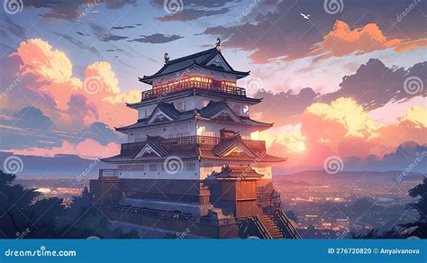 A Painting of a Japanese Castle with a Sunset in the Background. AI Generative Image. Stock ...