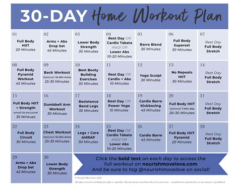 30 Day Workout Challenge Printable Calendar