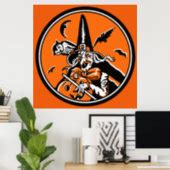 Vintage Halloween Witch and Owl Illustration Poster | Zazzle