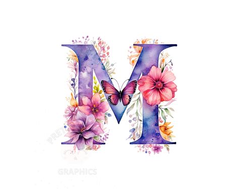 Watercolor Letter M With Butterfly Clipart, PNG Instant Download File, Digital Design for ...