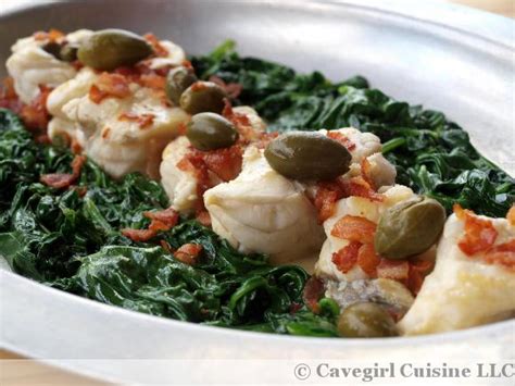 Poached Garlic Butter Monkfish with Caperberries & Wilted Spinach