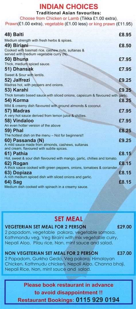 Gurkha Kitchen's takeaway menu; Nepalese and Indian restaurant