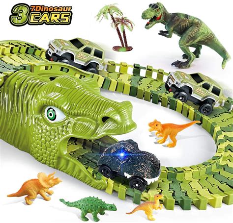 Dinosaur Toys, 260 Pcs Dinosaur Car Race Track Toy with 250 Flexible Train Track Playset ...