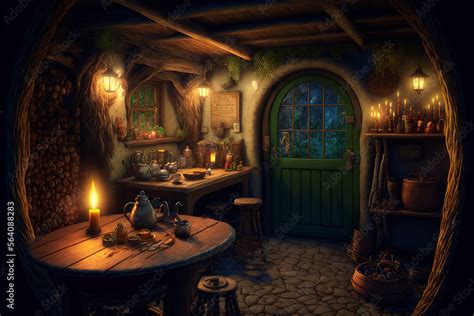 Hobbit house interior, inside fantasy wooden hut at night in forest ...