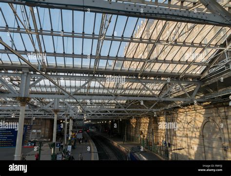 Waverley Station Edinburgh showing refurbished Victorian roof over ...