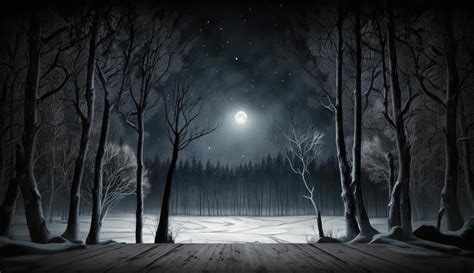 Dark abstract winter forest background. Wooden floor, snow, fog. Dark night background in the ...