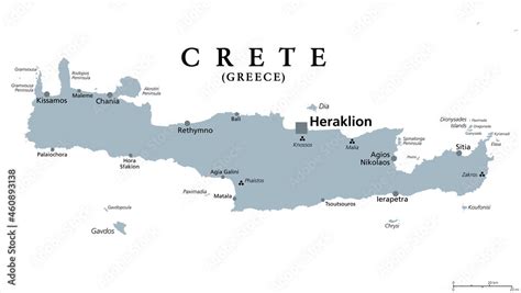 Crete, Greek island, gray political map, with capital Heraklion. Largest island of Greece and ...