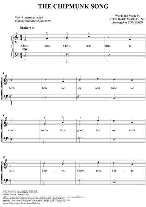 The Chipmunk Song" Sheet Music by The Chipmunks for Easy Piano/Vocal - Sheet Music Now