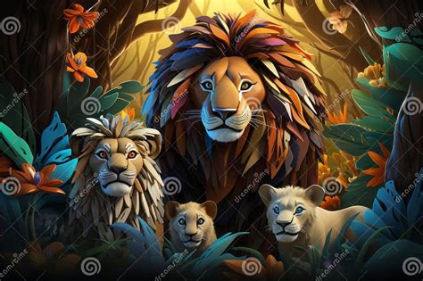 A Cartoon Lion Family in the Jungle Stock Illustration - Illustration ...