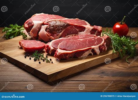 Meat on the Table. Fresh Meat Cut into Pieces, AI Photo Stock ...