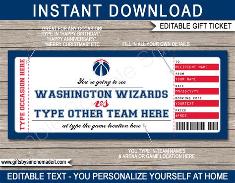 Washington Wizards Game Ticket Gift Voucher | Printable Surprise NBA Basketball Tickets