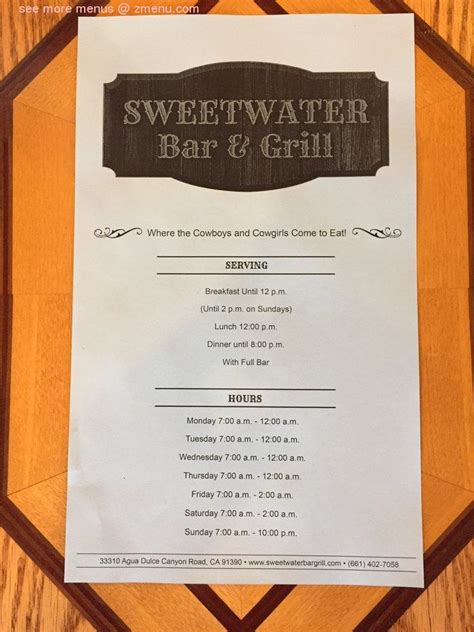 Online Menu of Sweetwater Bar & Grill Restaurant, Agua Dulce, California, 91390 - Zmenu