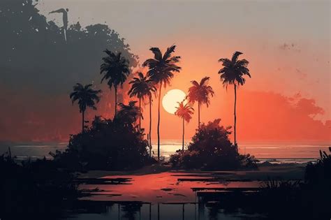 Premium Photo | A painting of a beach with palm trees and a sunset.