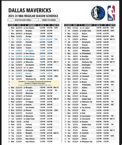 NBA Dallas Mavericks: Printable Schedule Regular Season 2023-24