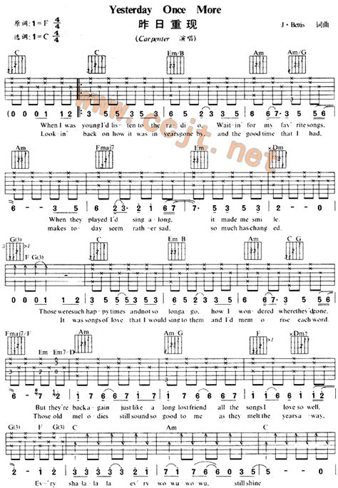 Yesterday Once More by Carpenters Guitar Tabs Chords Sheet Music Free | LearnGuitarsOnline.com