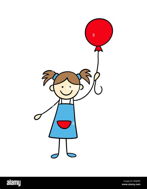 Funny little girl holds a balloon. Cute kid drawing. Hand drawn vector ...