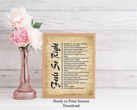 Printable Song Lyrics Feels so Right by Alabama, Home Décor Wall Art ...