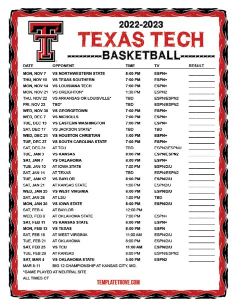 Texas Tech Football Schedule Printable